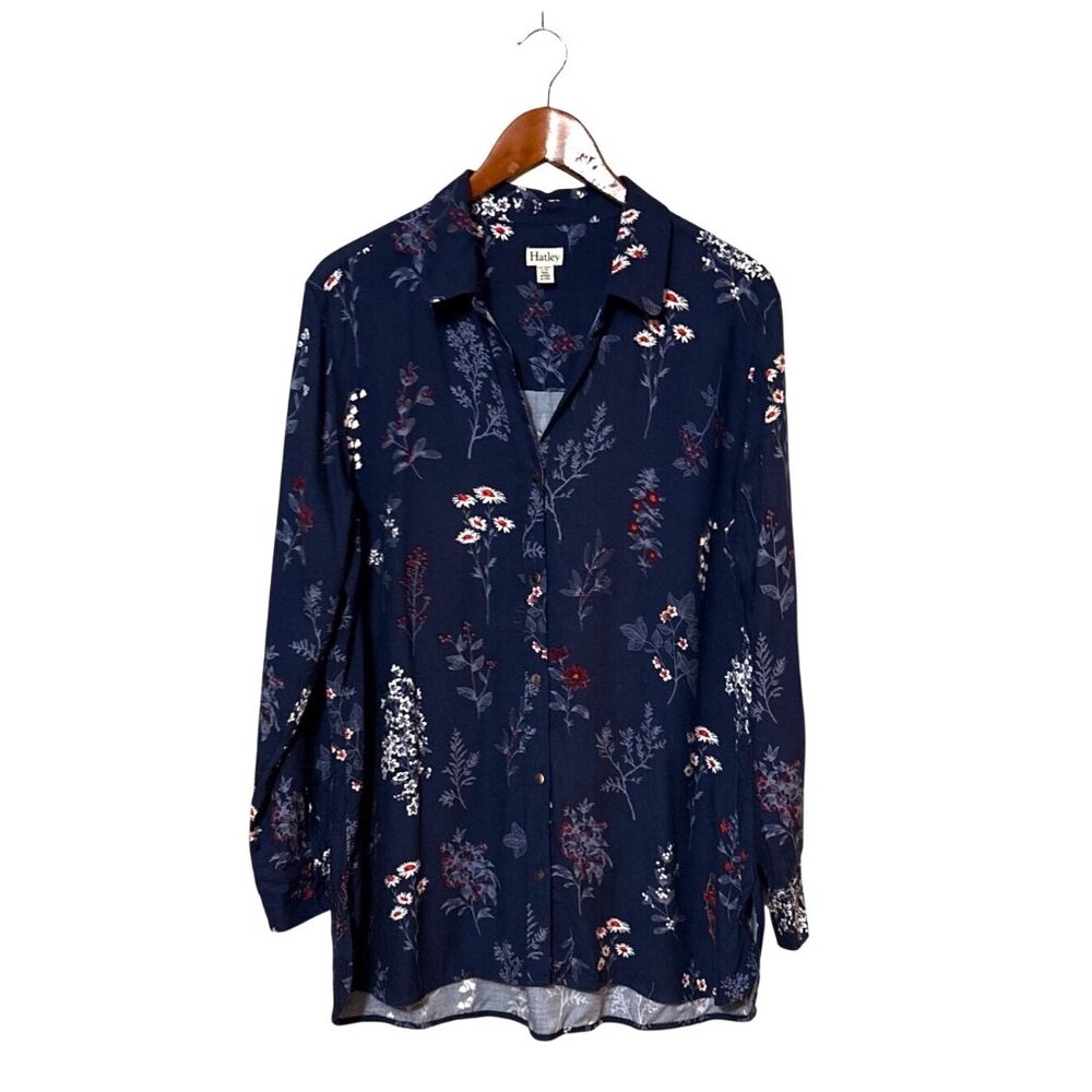 Hatley Womens Navy Floral Button-Up Shirt L Long sleeve Oversized‎ Cottage Boho